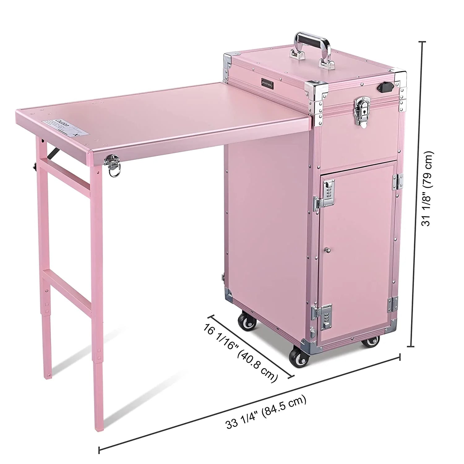 2026 Nail Desk Mobile Station Rolling Makeup Train Case Trolley Cosmetic Manicure Table Mirror 4 Drawers Pink