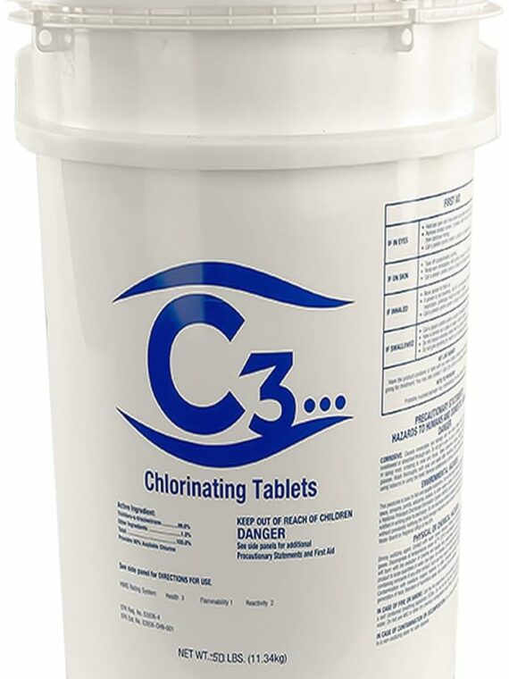 C3... 50 lbs. 3′′ Stabilized Chlorine Tabs for Swimming Pools  Hot Tubs  and Spas | Slow Dissolving Individual Chlorinating Tablets | 50 Pound Bucket
