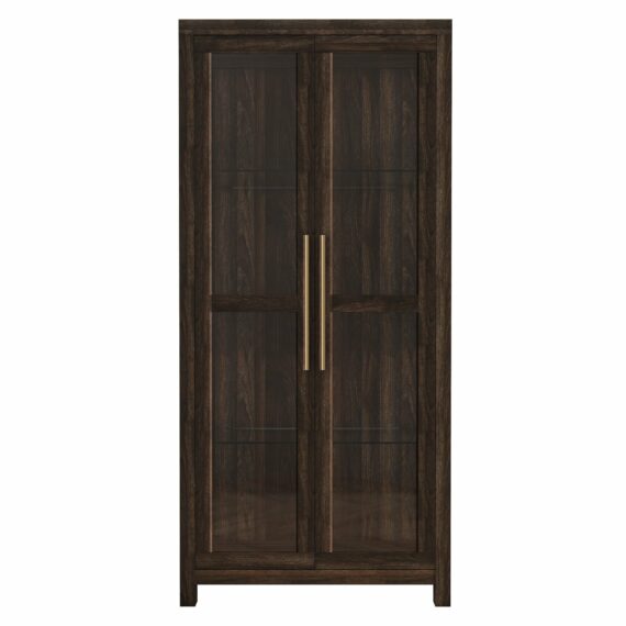 BELLEZE Avalon Tall Storage Cabinet, Dark Walnut Curio Bookshelf with Tempered Glass Doors for Living Room/Bedroom Display