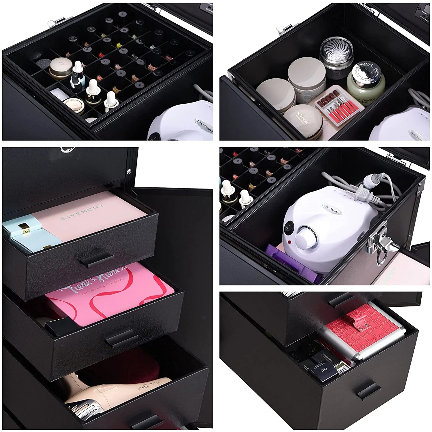 2026 Nail Desk Mobile Station Rolling Makeup Train Case Trolley Cosmetic Manicure Table Mirror 4 Drawers Pink