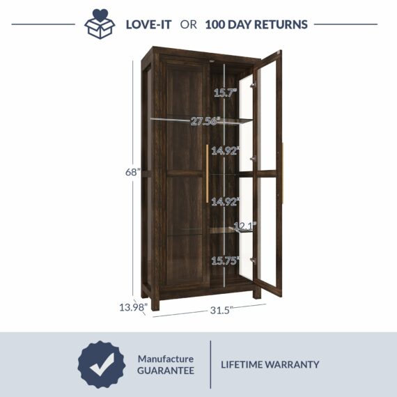 BELLEZE Avalon Tall Storage Cabinet, Dark Walnut Curio Bookshelf with Tempered Glass Doors for Living Room/Bedroom Display