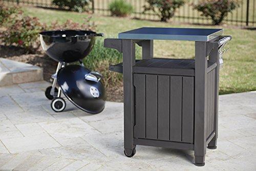 Portable Outdoor Table and Storage Cabinet with Hooks for Grill Accessories-Stainless Steel Top for Patio Kitchen Island or Bar Cart, Espresso Brown
