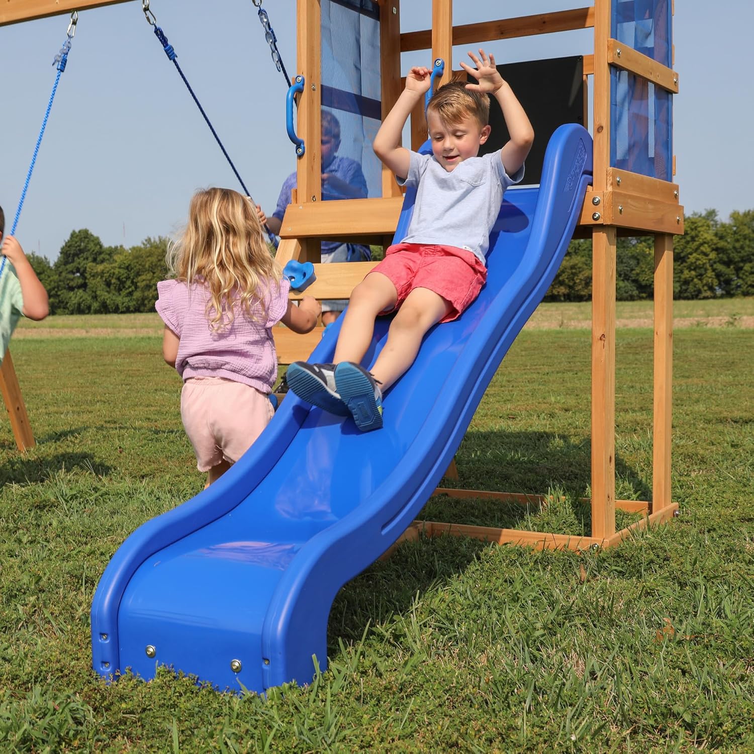 Buckley Hill Cedar Wood Swing Set with Slide & Deck
