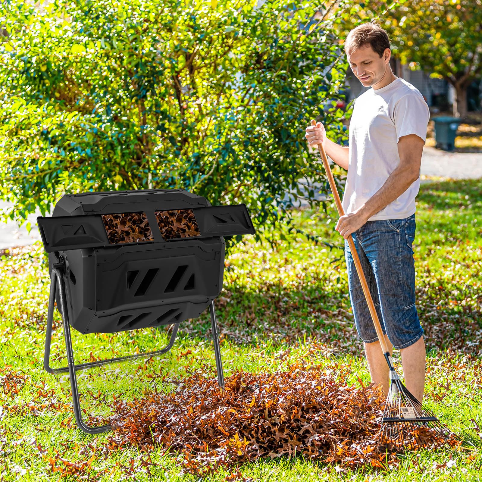 2025 Compost Bin, 42-Gal Dual Chamber Composting Tumbler w/2 Sliding Doors, Heavy-Duty Metal Frame