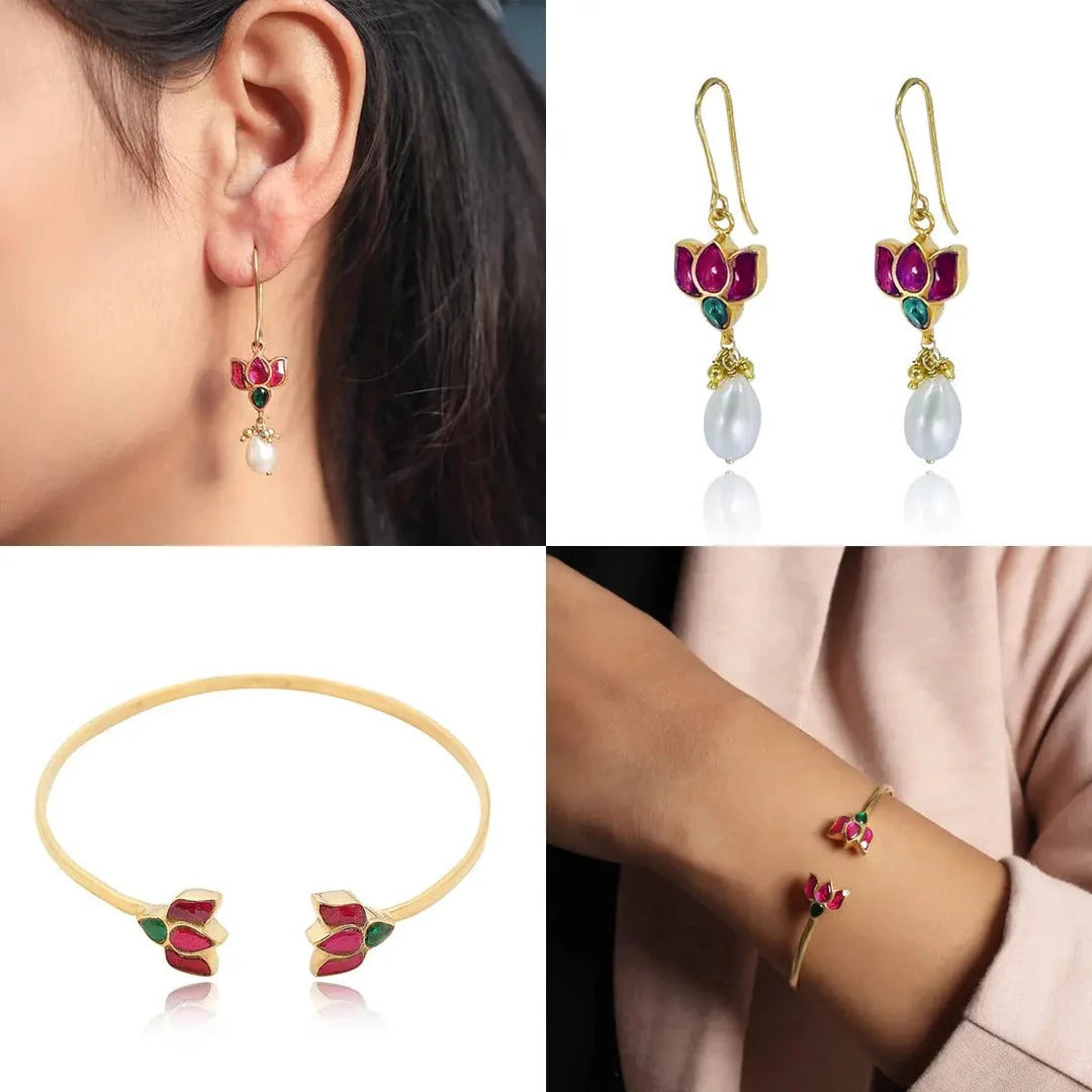 925 Sterling Silver Silver Lotus Kundan Bangle