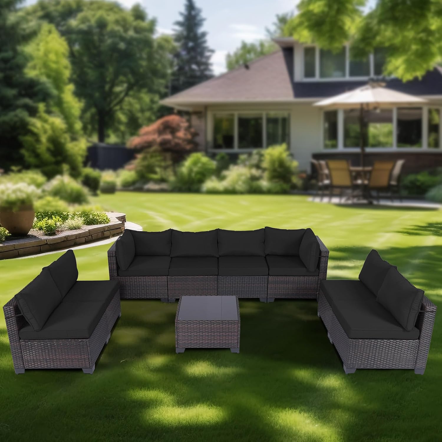 7 Pieces Rattan Patio Furniture Set with Tea Table