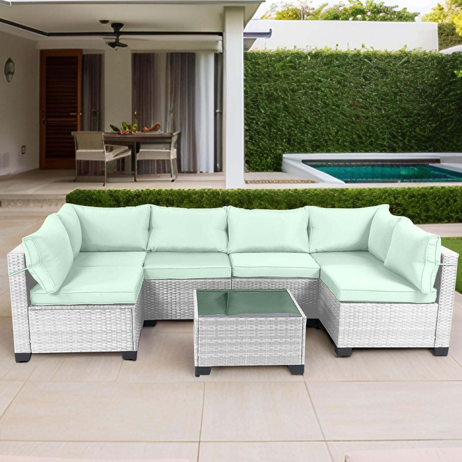 7 Pieces Rattan Patio Furniture Set with Tea Table