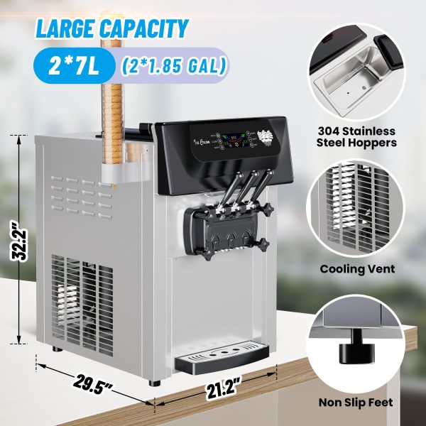 2200W Commercial Ice Cream Machine, 3 Flavor Soft Serve Ice Cream Machine, 5.3-7.4 Gal/Hr, with LCD Touch Screen, Automatic Cleaning, High Productivity for Home Snack Bar & Restaurants
