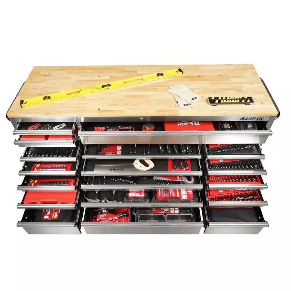 2026 72 in 18-Drawer 24 in. D Mobile Workbench with Solid Wood Top Stainless Steel