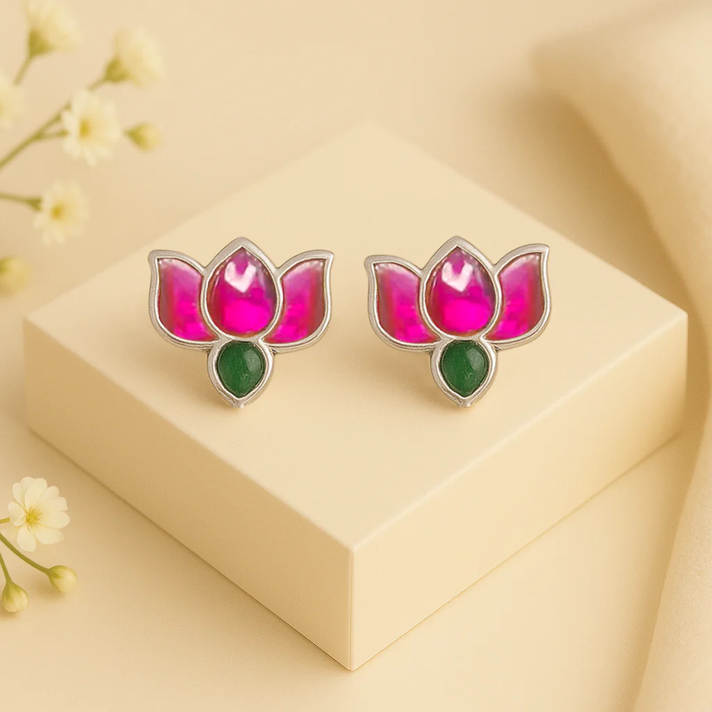 92.5 Sterling Silver Kundan Lotus Stud Earrings