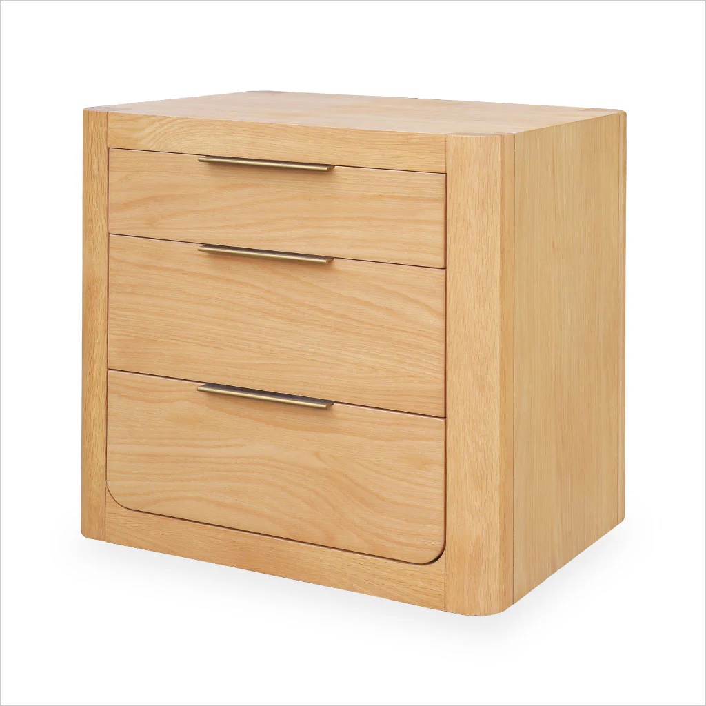 Luna Nightstand – Natural White Oak with Three Drawers and Bronze Handles