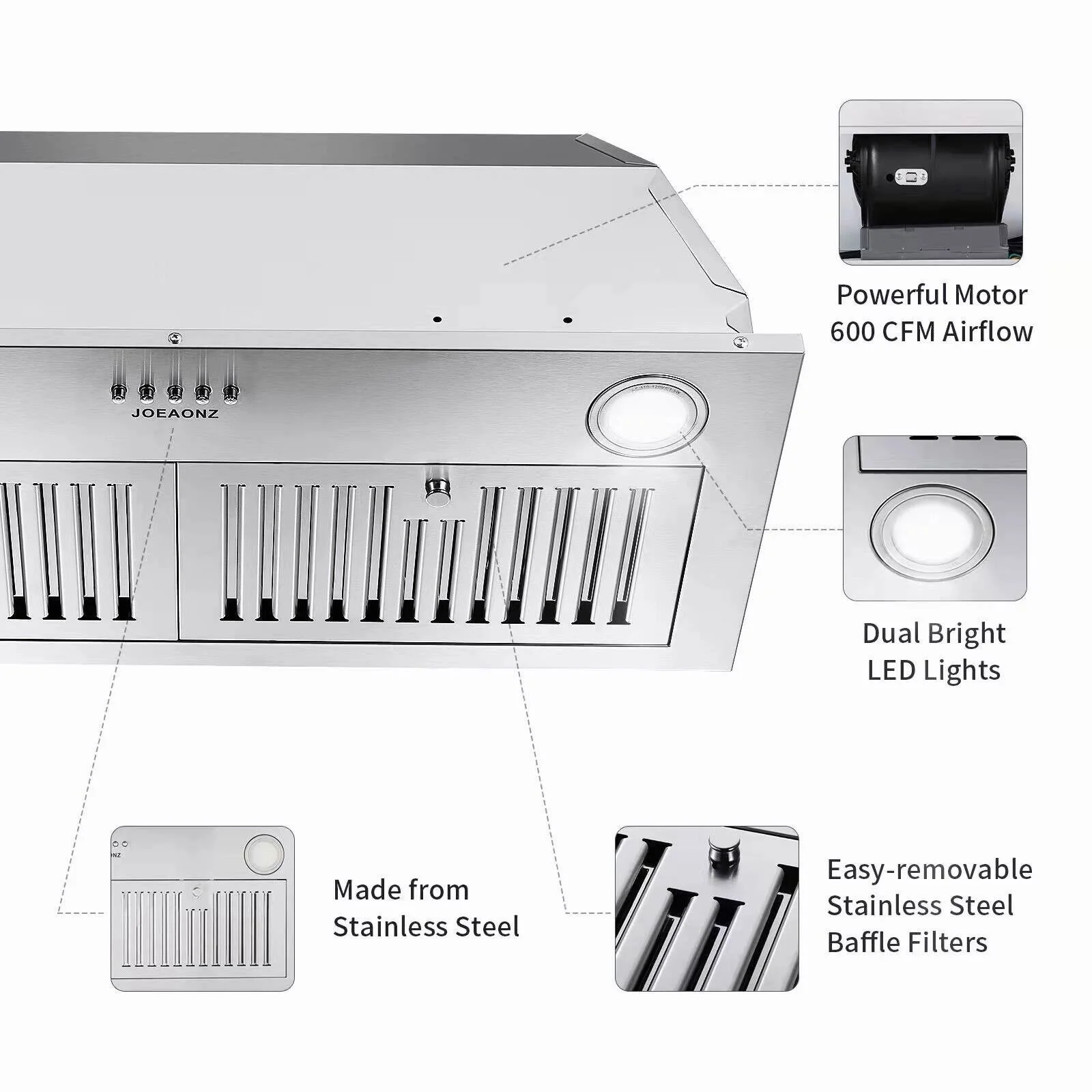 2026 Zomagas 30 inch Built-in Range Hood 600CFM Stainless Steel Kitchen Cook Insert Vent with Led Lights