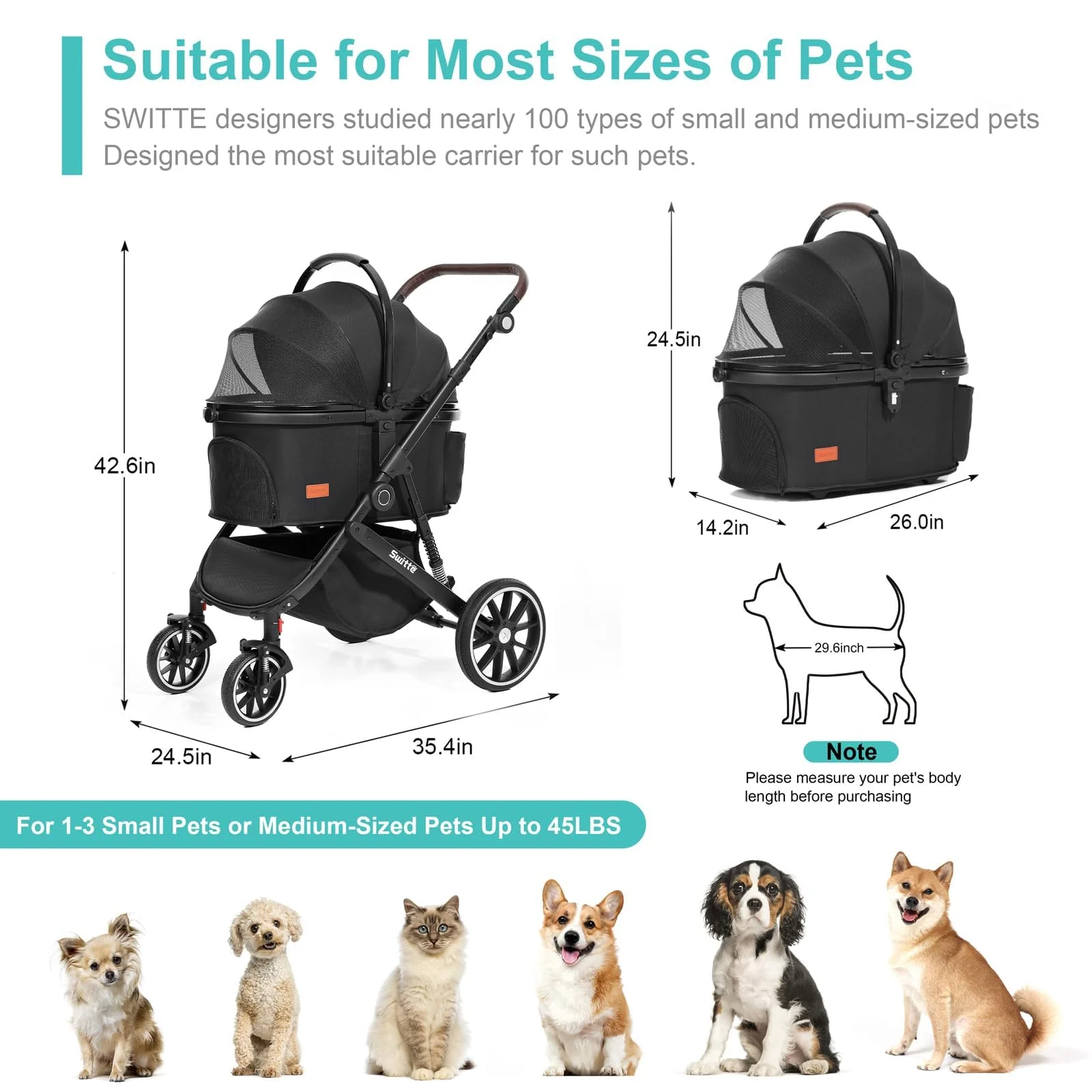 2026 SWITTE Pet Stroller Foldable Dog & Cat Stroller 3-in-1 4 Wheels Travel Jogger, Black
