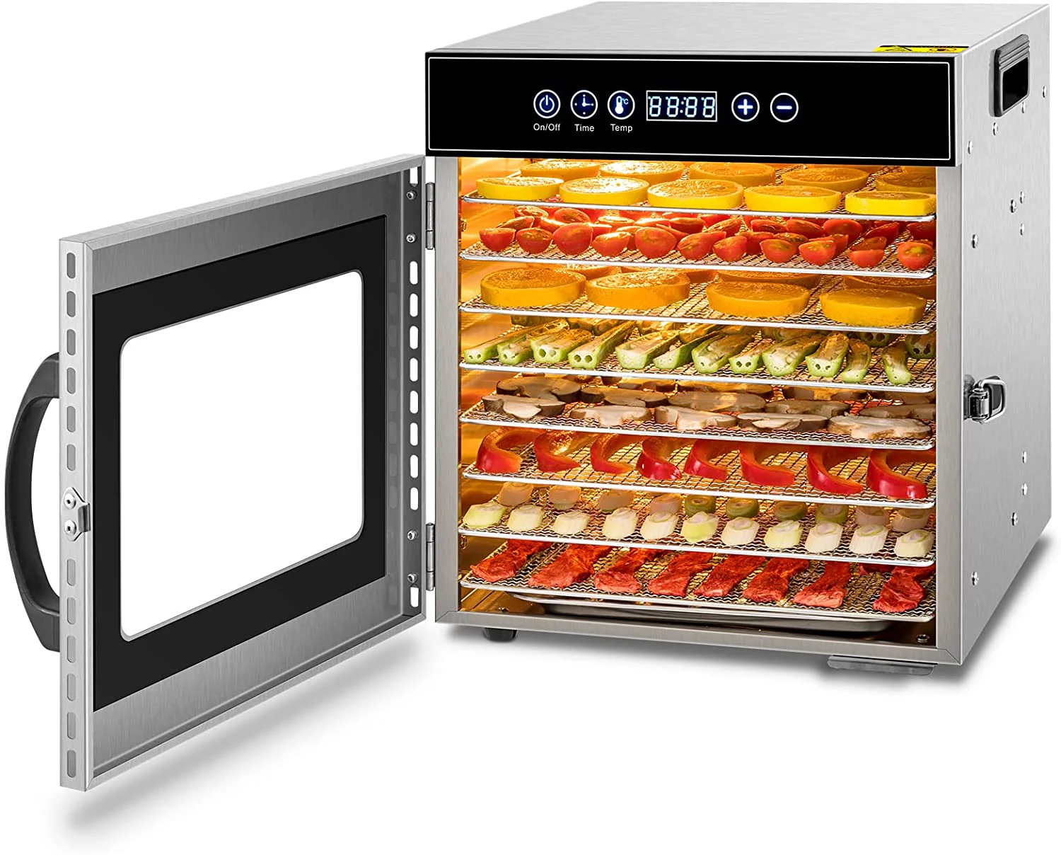 Tray Food Dehydrator, Steel Fruit Dry Machine with 30 90∼C Adjustable Thermostat, 24hr Digital Timer