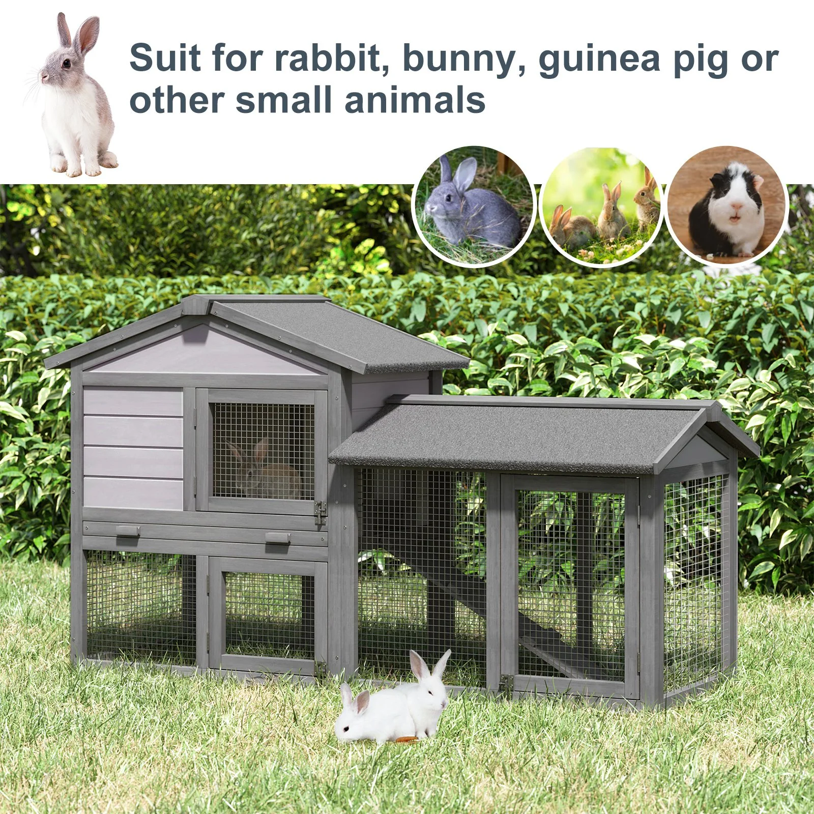 PawHut Two-Level Outdoor Guinea Pig & Rabbit Cage with Tall Mesh Fence and Removable Roof