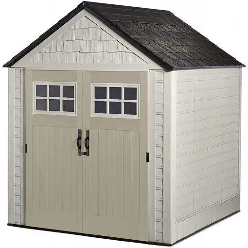 Rubbermaid 7×7 Ft Durable Weather Resistant Resin Outdoor Garden Storage Shed with Windows and Utility Hooks, Sand