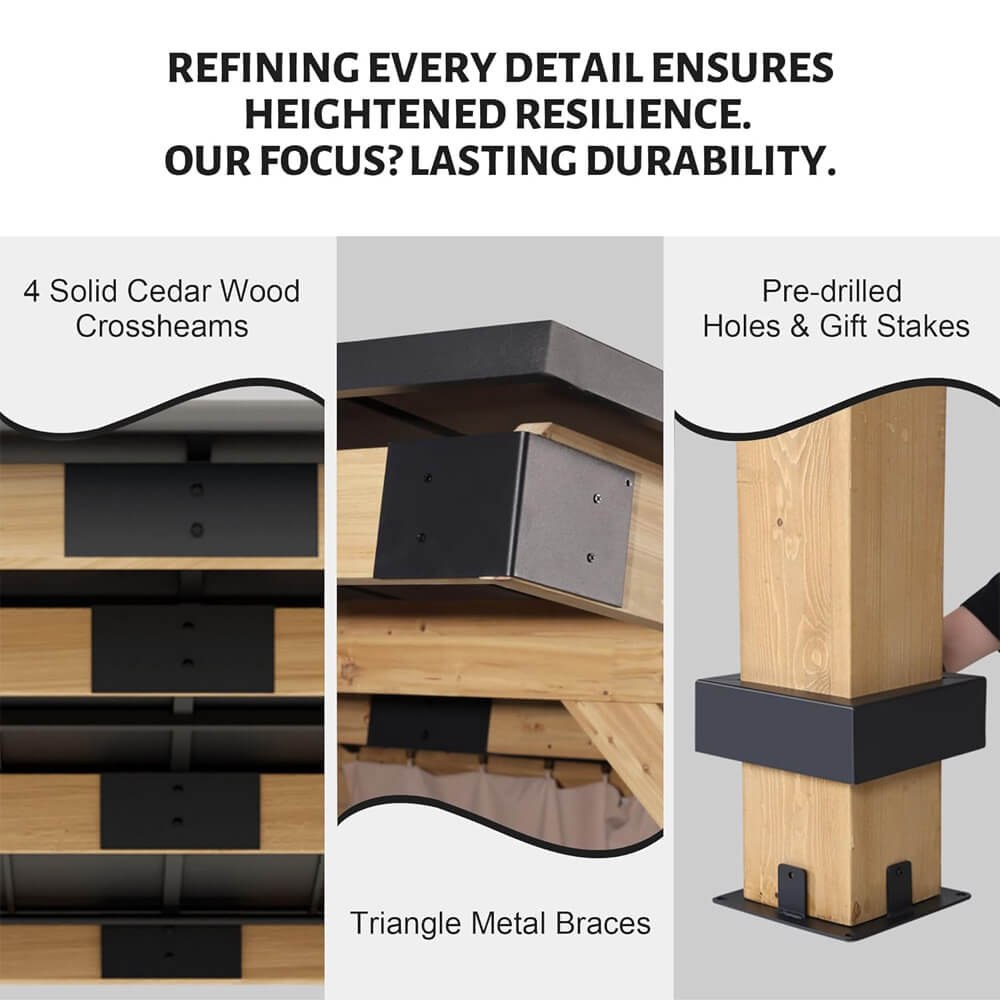 2026 [10x12FT] Heavy Duty Premium Outdoor All-Season Wooden Cedar Hardtop Gazebo With Metal Roof & Back Curtains (SAK57184)