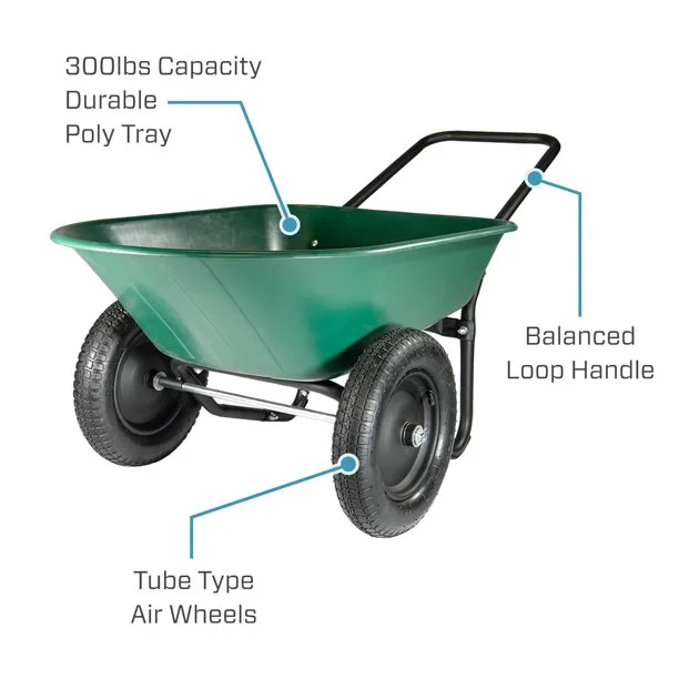 Garden Star Dual Wheel, Poly Tray Yard Rover Wheelbarrow, Green