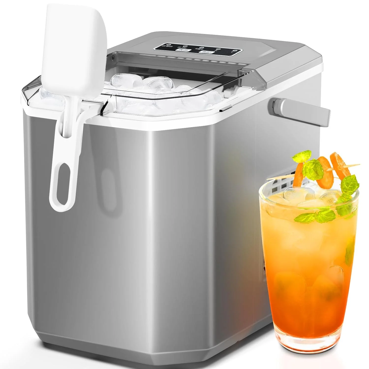 2026 Countertop Ice Maker,Portable Ice Machine with Carry Handle,Self-Cleaning,Basket and Scoop,9 Cubes in 6 Mins,26.5lbs/24Hrs,2 Sizes of Bullet Ice,for Home,Kitchen,Party,Grey
