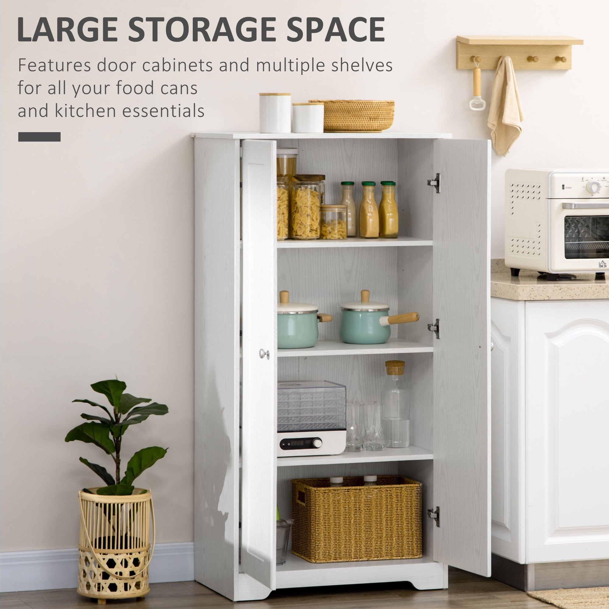HOMCOM White Kitchen Pantry Cabinet with Adjustable Shelves, Freestanding Storage Cupboard