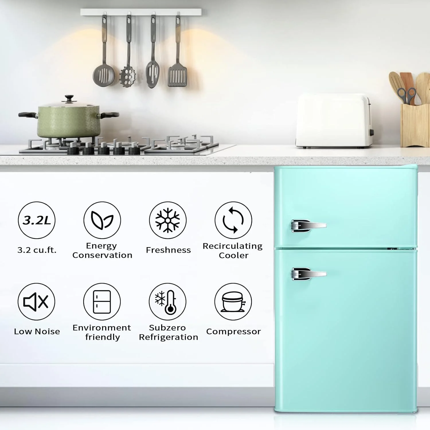 2026 Antarctic Star Compact Mini Refrigerator Separate Freezer, Small Fridge Double 2-Door Adjustable Removable Retro Stainless Steel Shelves Living room/Kitchen/Dorm/Office 3.2 cu ft.Green