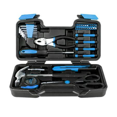 39 Pcs General Tool Kit,45 C Carbon Steel or Chrome Vanadium Steel,12-foot Tape Measure,Steel Claw Hammer ,Slip Joint Pliers,8 SAE Hex Keys,etc-Blue