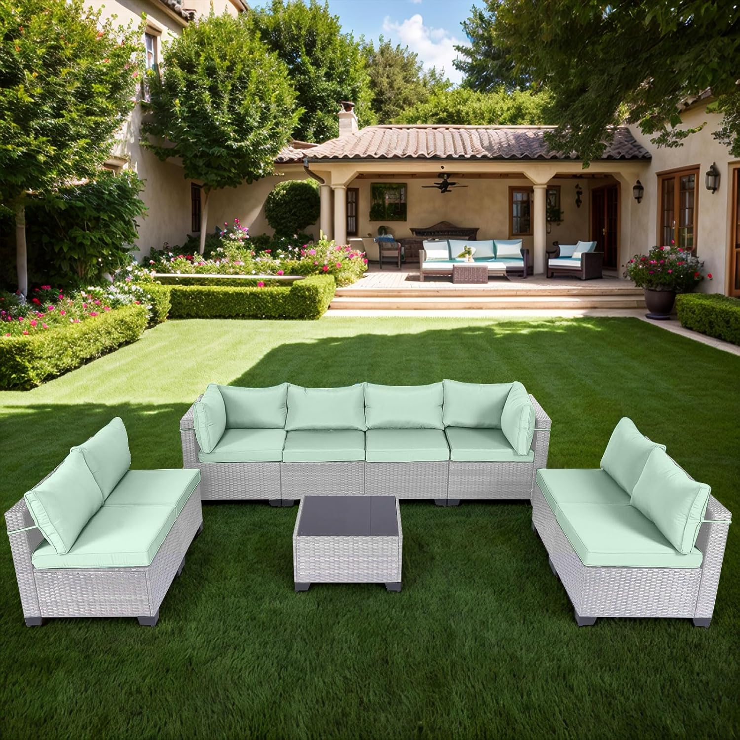 7 Pieces Rattan Patio Furniture Set with Tea Table