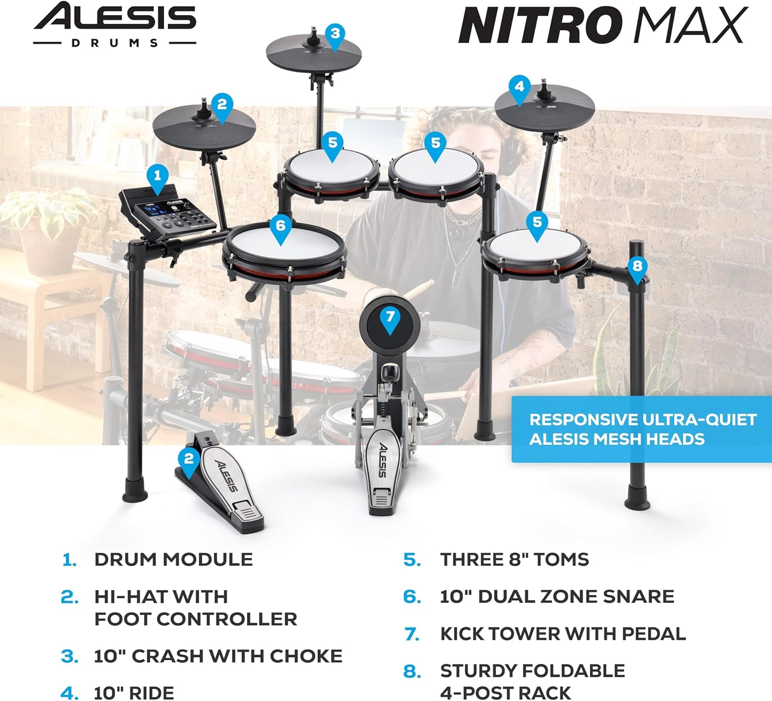 Max Electric Drum Set with Mesh Pads & Bluetooth