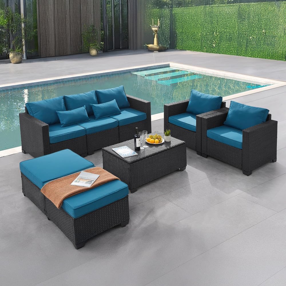 6 Pieces Outdoor Patio Furniture Sets with Furniture Cover, PE Rattan Wicker Patio Conversation Set with Tea Table (Peacock Blue, Rattan Storage Table)