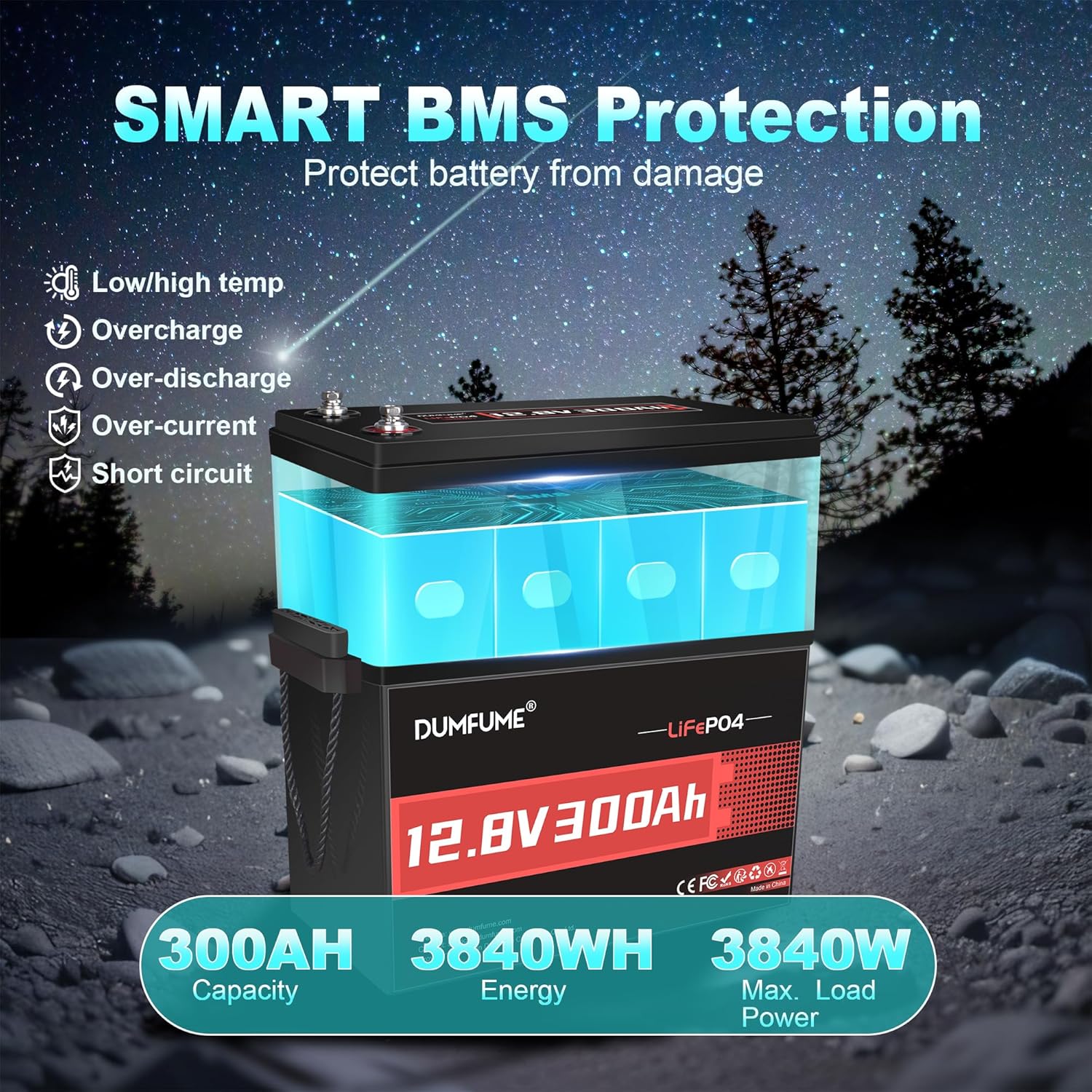 12V 300Ah Lithium LiFePO4 Battery with 200A BMS