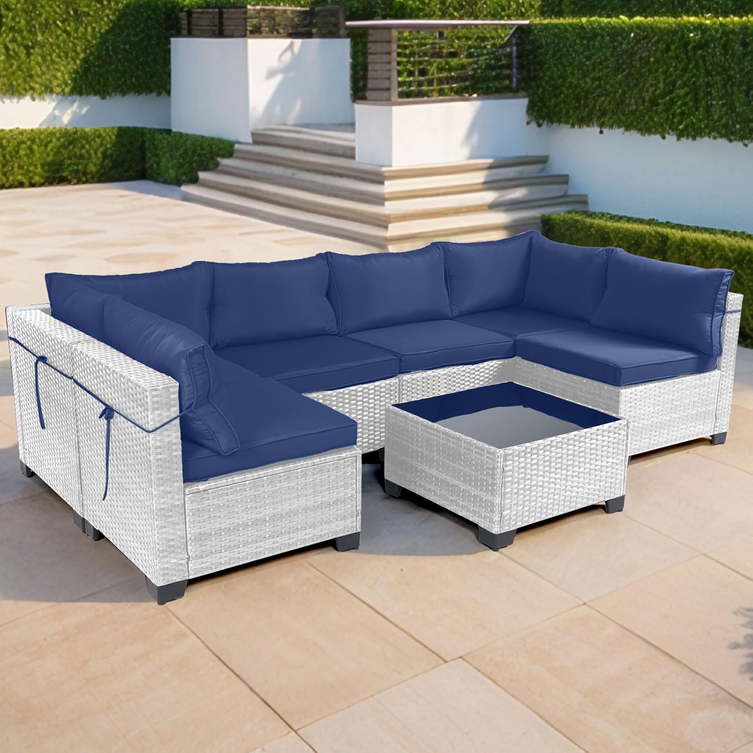 7 Pieces Rattan Patio Furniture Set with Tea Table