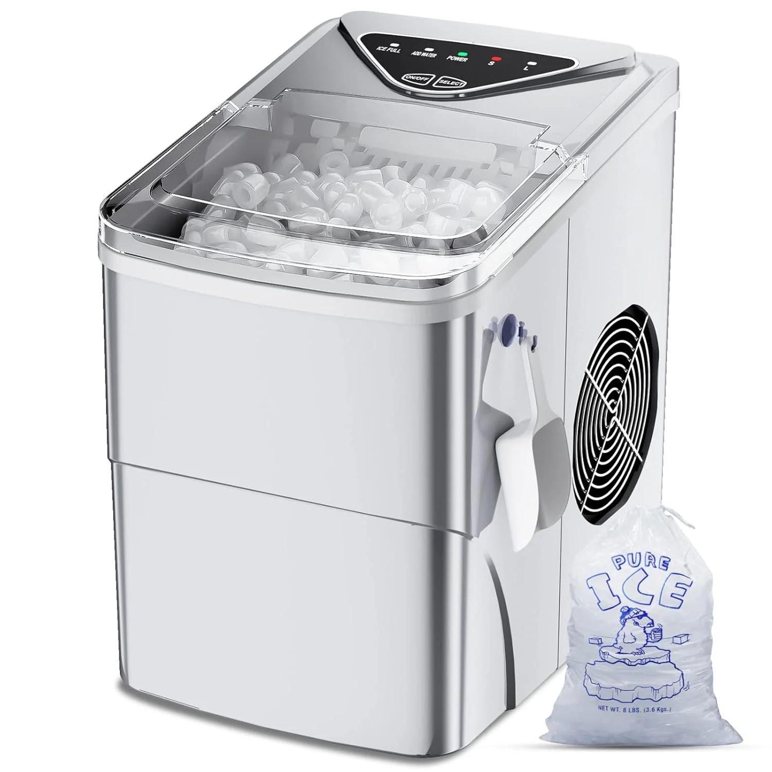 2026 Ice Makers Countertop, Self-Cleaning Function, Portable Electric Ice Cube Maker Machine, 9 Bullet Ice Ready in 6 Mins, 26lbs 24Hrs with Ice Bags and Ice Scoop Basket for Home Bar Camping RV(Silver)