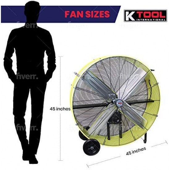 2026 K Tool International 42′′ Belt Drive Drum Fan; Industrial, Garage, Shop, High Speed 2-Speed, Durable, Cut-Off Protection, Easy Mobility Rubber Wheels; SAFETY YELLOW KTI77743