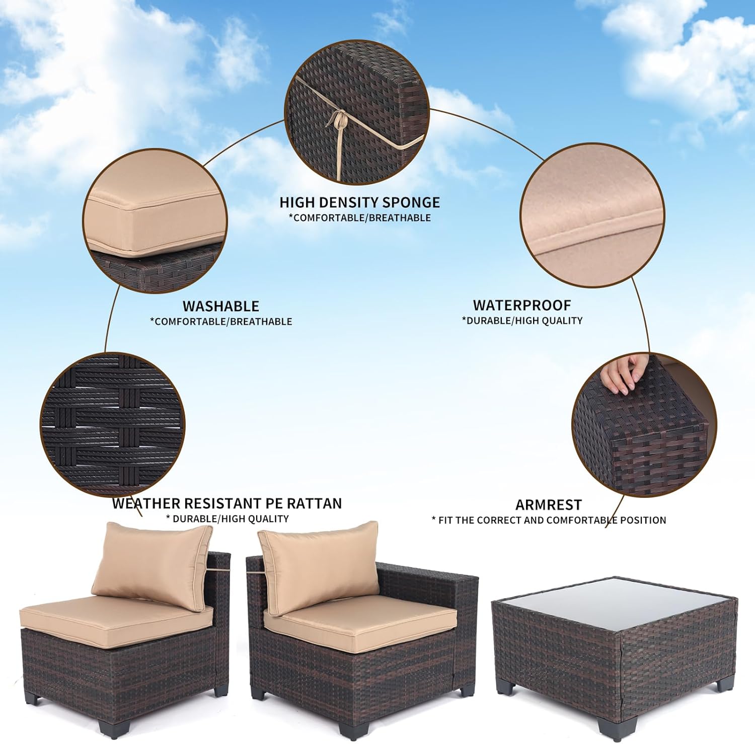 7 Pieces Rattan Patio Furniture Set with Tea Table