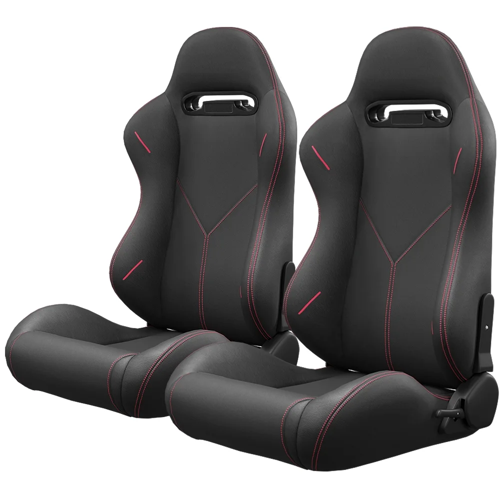 2PC Universal Bucket Racing Seats Red Stitch Red PVC Leather Reclinable Carbon Look Leather Back With Adjustor Slider (Not Including Seat Bracket )