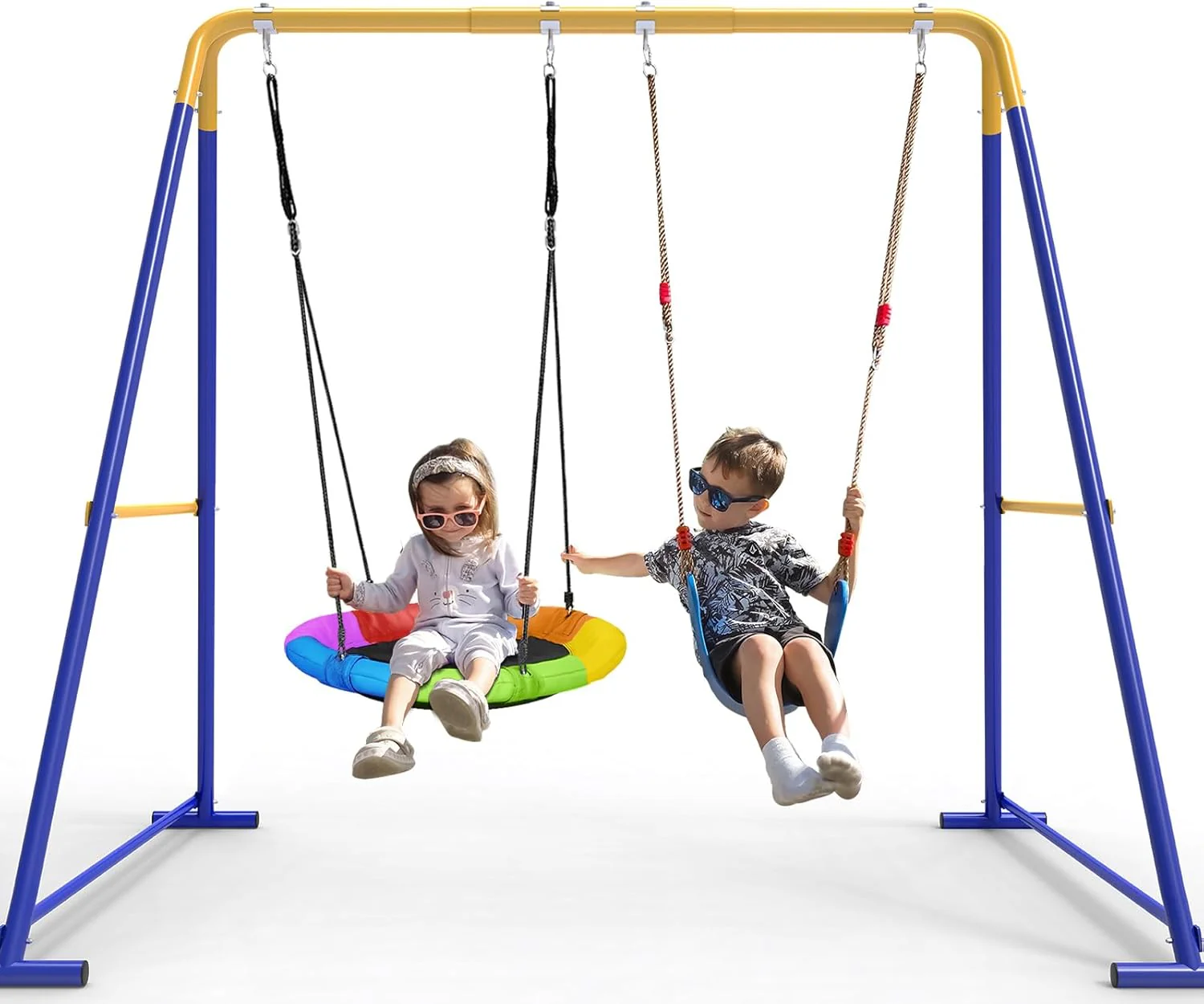 Swing Sets for Backyard, Toddler Swing Set with 2 Seat 1 Saucer & 1 Belt Seat, 440lbs Heavy-Duty Swing Frame w/8 Ground Stakes, A Frame Outdoor Swingset for Kids and Adults for Backyard