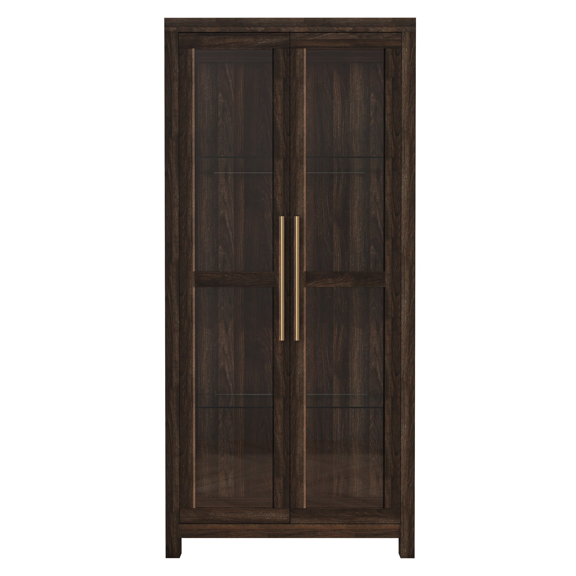 BELLEZE Avalon Tall Storage Cabinet, Dark Walnut Curio Bookshelf with Tempered Glass Doors for Living Room/Bedroom Display