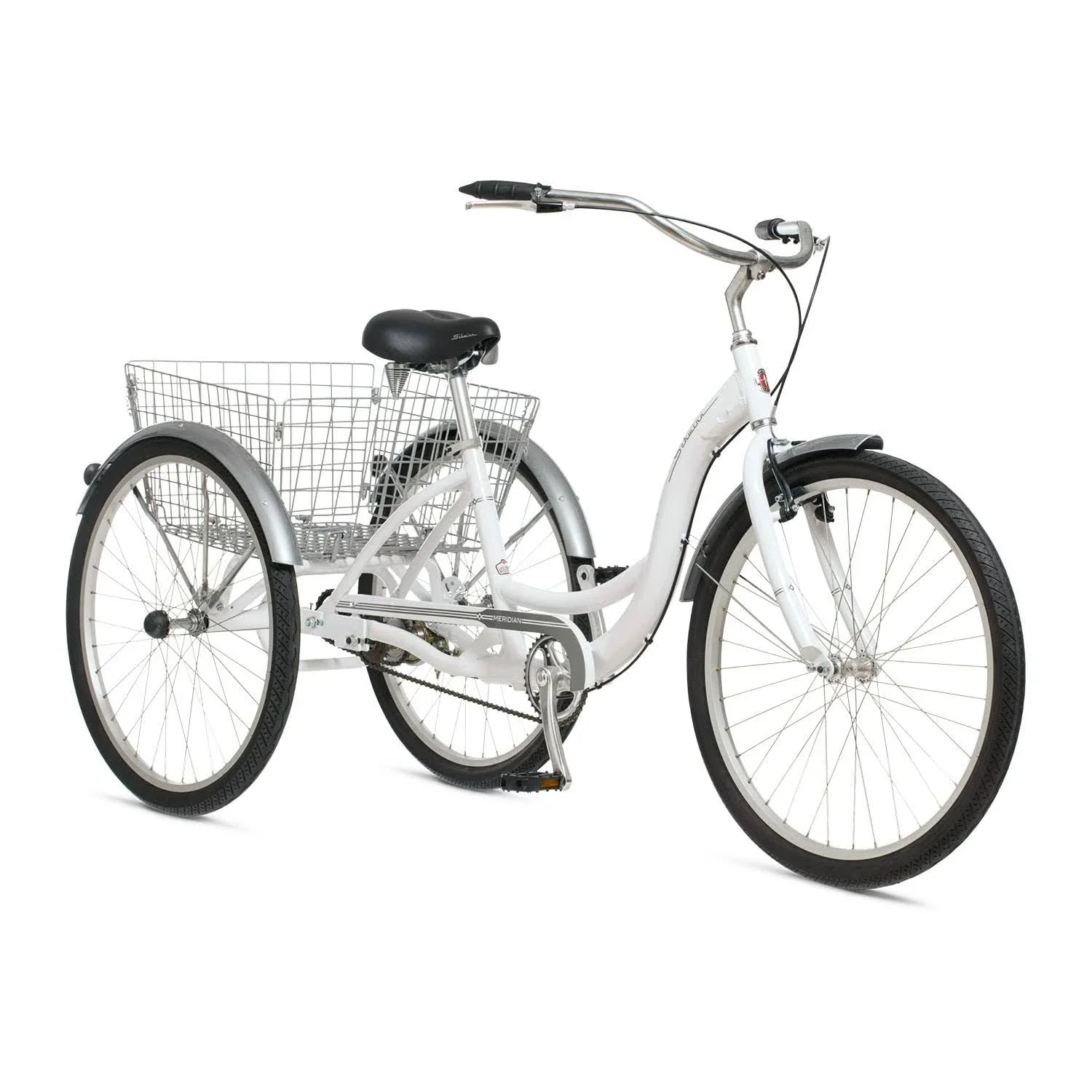 2025 Schwinn Meridian Adult Tricycle Bike Mens and Womens Three Wheel Beach Cruiser 26-inch Wheels Low Step-Through Frame Wide Seat Rear Folding Basket Sin