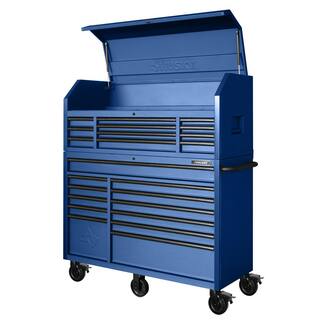 Husky 56 in. W x 22 in. D Heavy Duty 23-Drawer Combination Rolling Tool Chest and Top Tool Cabinet Set in Matte Blue