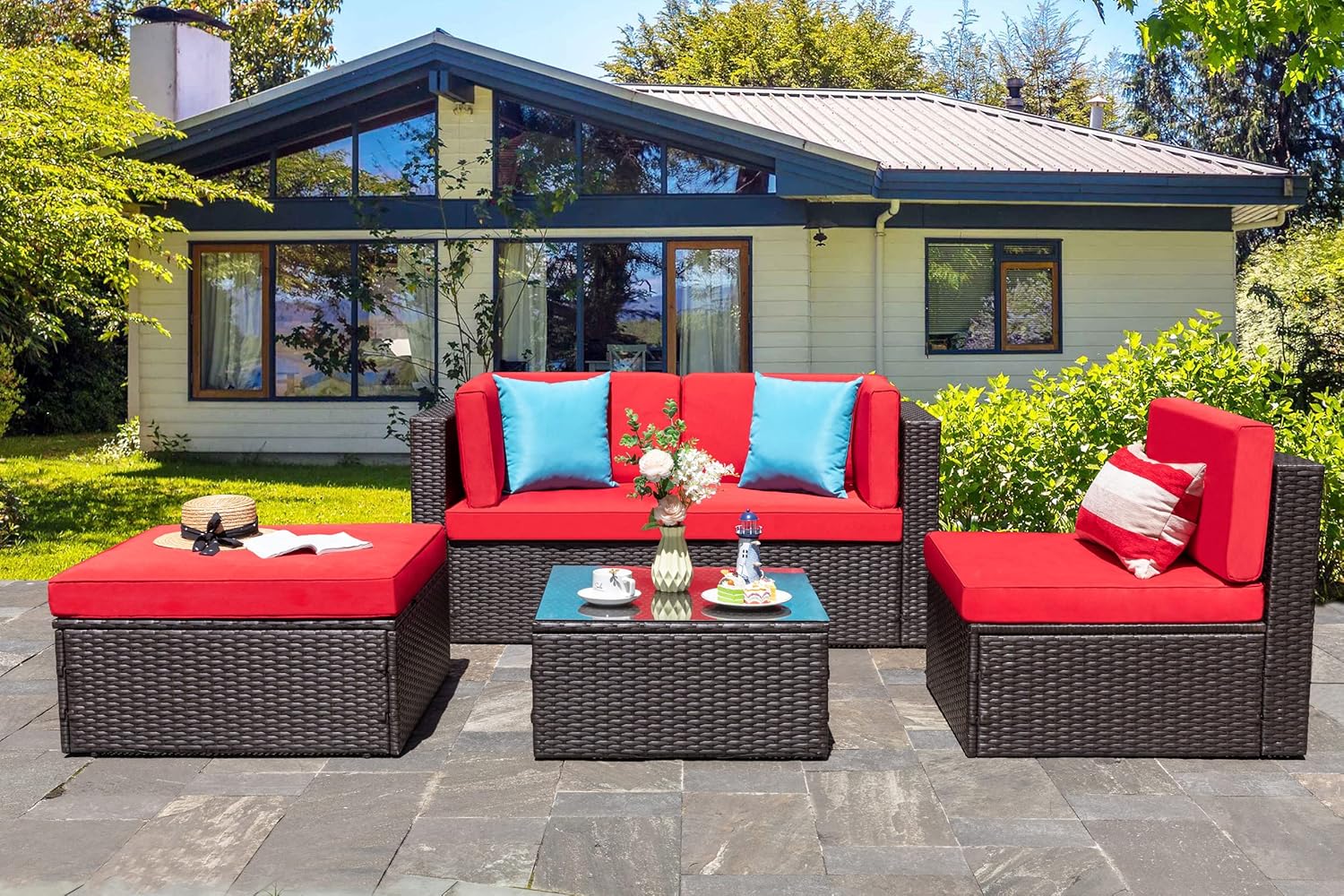 5 Piece All-Weather Patio Furniture Set with Ottoman