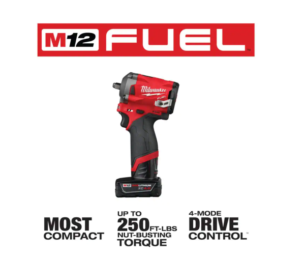 2554-22-2457-20 M12 FUEL 12V Lithium-Ion Brushless Cordless Stubby 3/8 in. Impact Wrench Kit with M12 3/8 in. Ratchet
