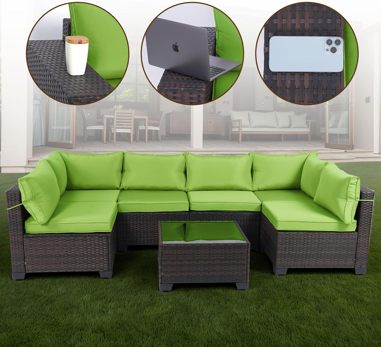 7 Pieces Rattan Patio Furniture Set with Tea Table