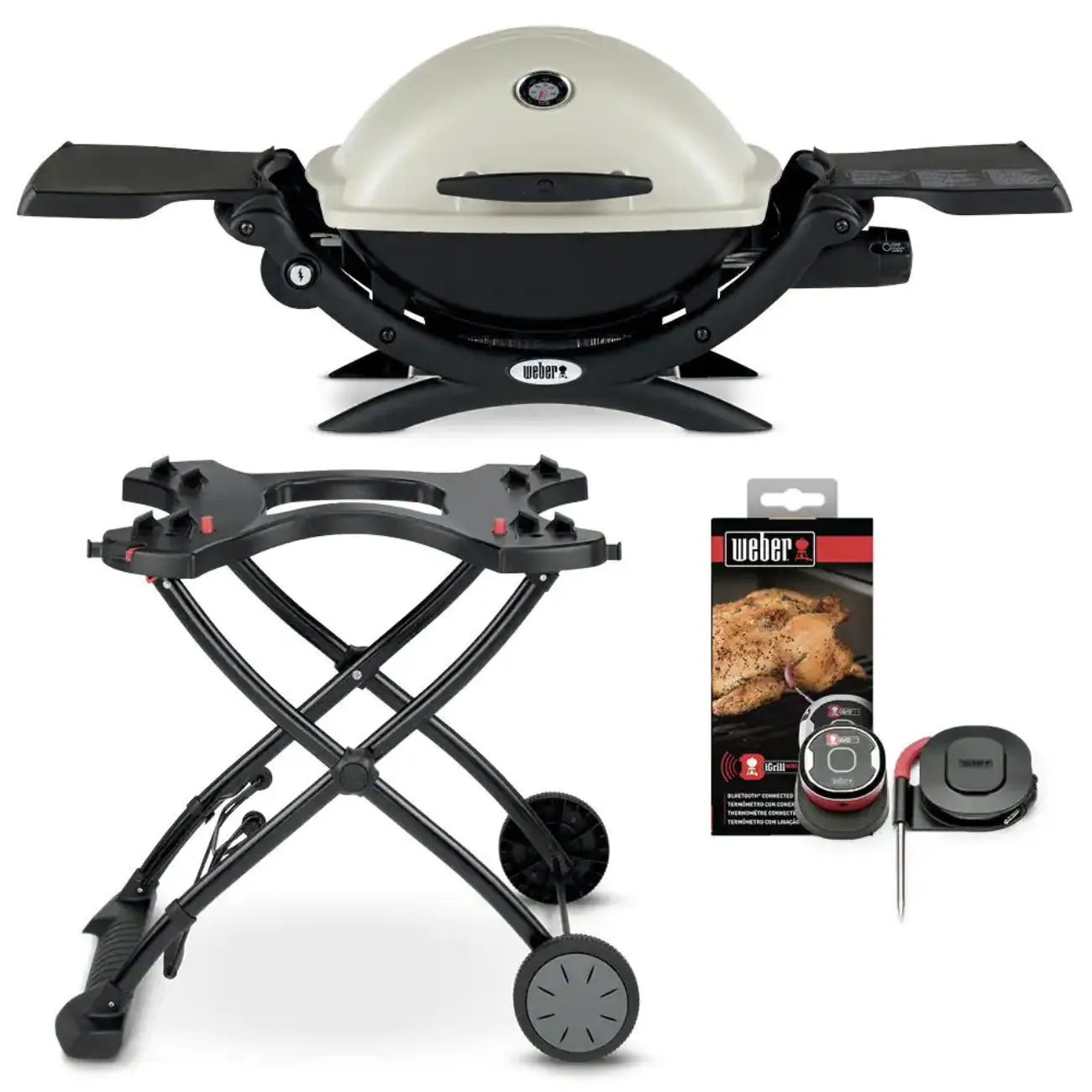 Weber Q 1200 1-Burner Portable Propane Gas Grill Combo in Titanium with Rolling Cart and iGrill Mini