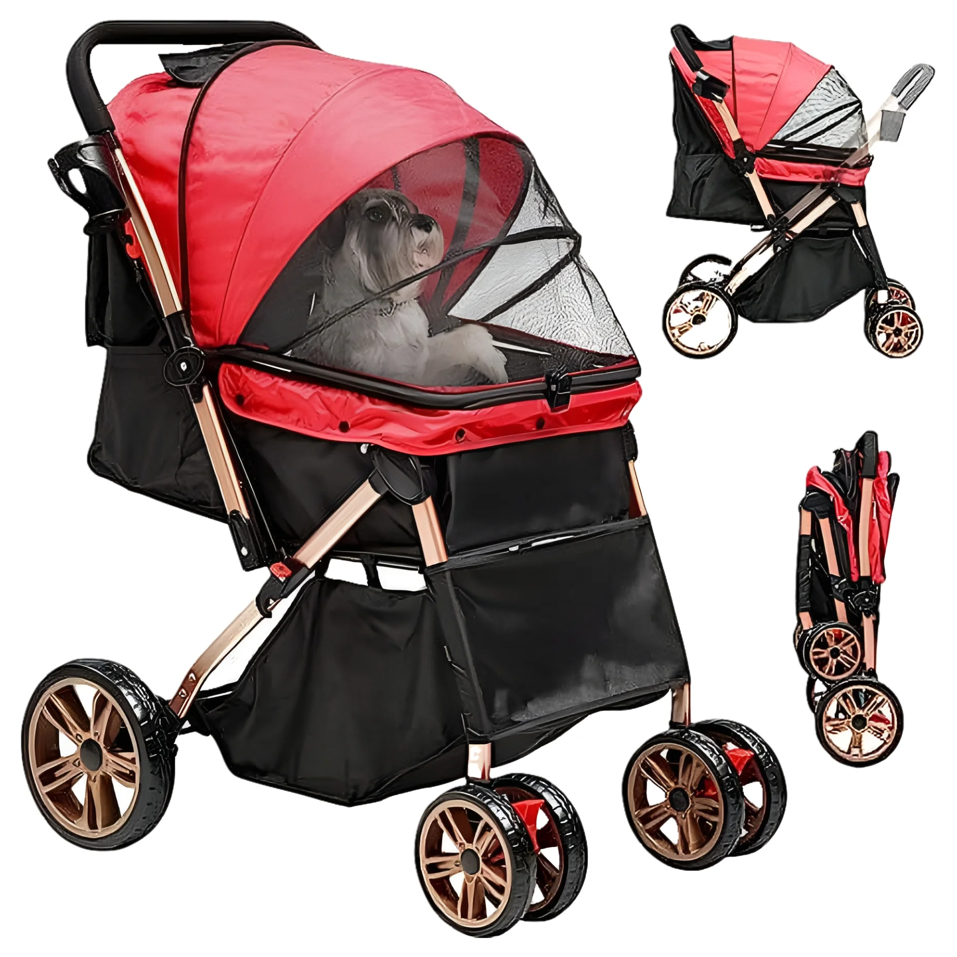 2026 Dextrus Dog Stroller for Medium Small Dogs, Upgraded Version with Larger Room, 4 Wheels Foldable Pet Stroller with 360° Rotation Wheel, Cat Kitty Puppy Stroller with Storage Basket (Red)