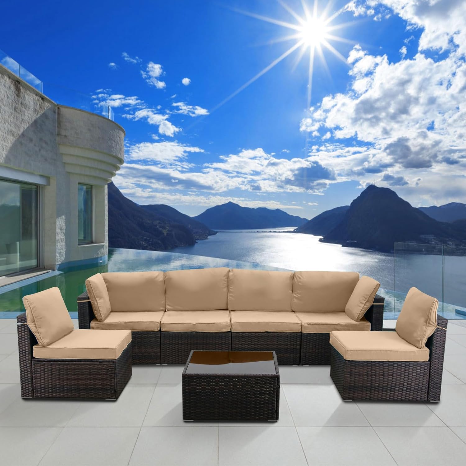 7 Pieces Rattan Patio Furniture Set with Tea Table