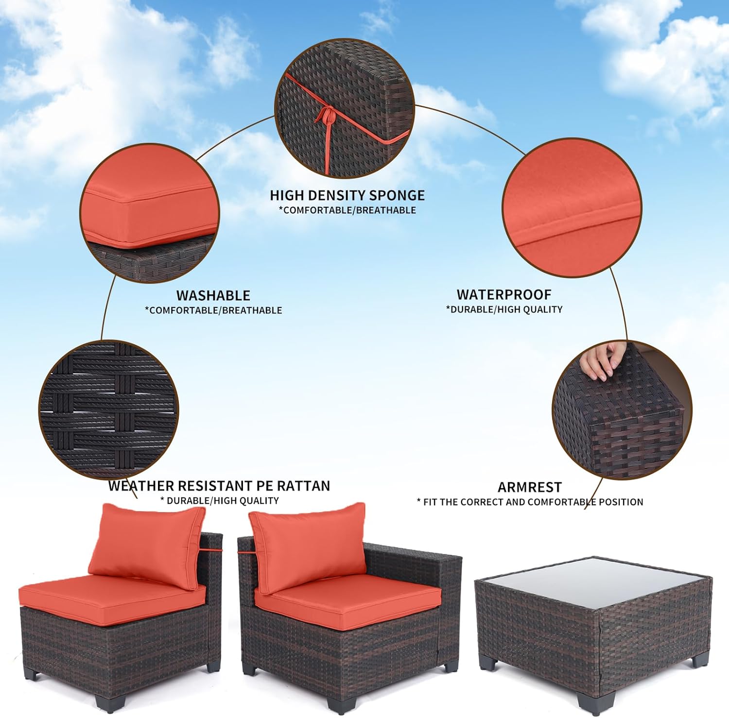 7 Pieces Rattan Patio Furniture Set with Tea Table