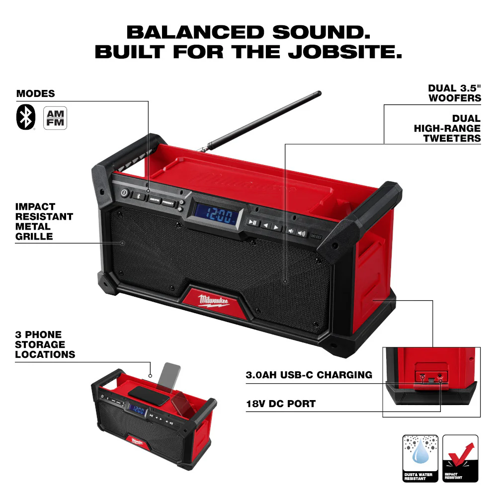 2026 Milwaukee 2952-20 M18 18V Bluetooth Jobsite Radio - Bare Tool