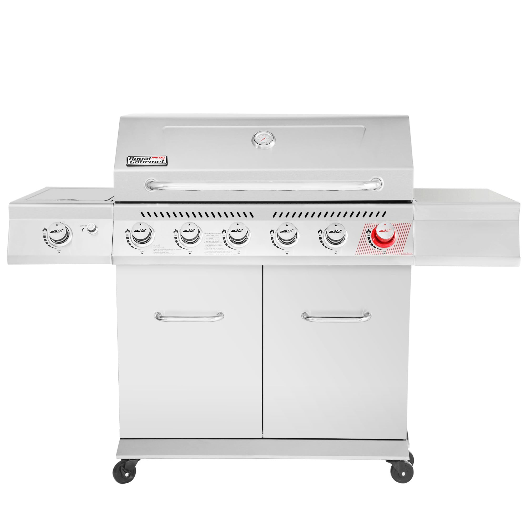 2026 Gourmet GA6402S Stainless Steel Gas Grill, Premier 6-Burner Propane Grill with Sear Burner and Side Burner, 74,000 BTU, Cabinet Style, Outdoor BBQ Party Grill, Silver