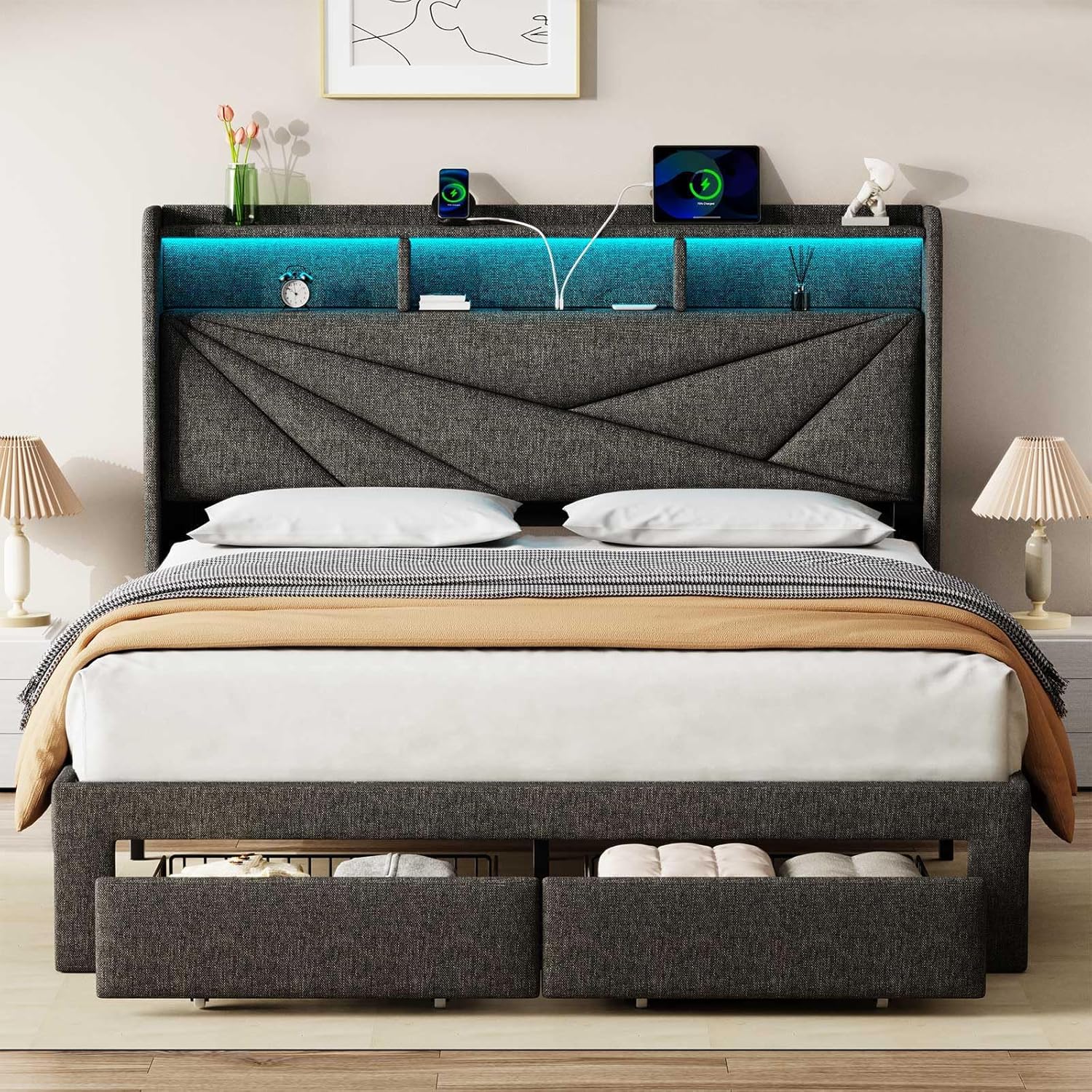 Led King Size Bed Frame with Storage Drawers