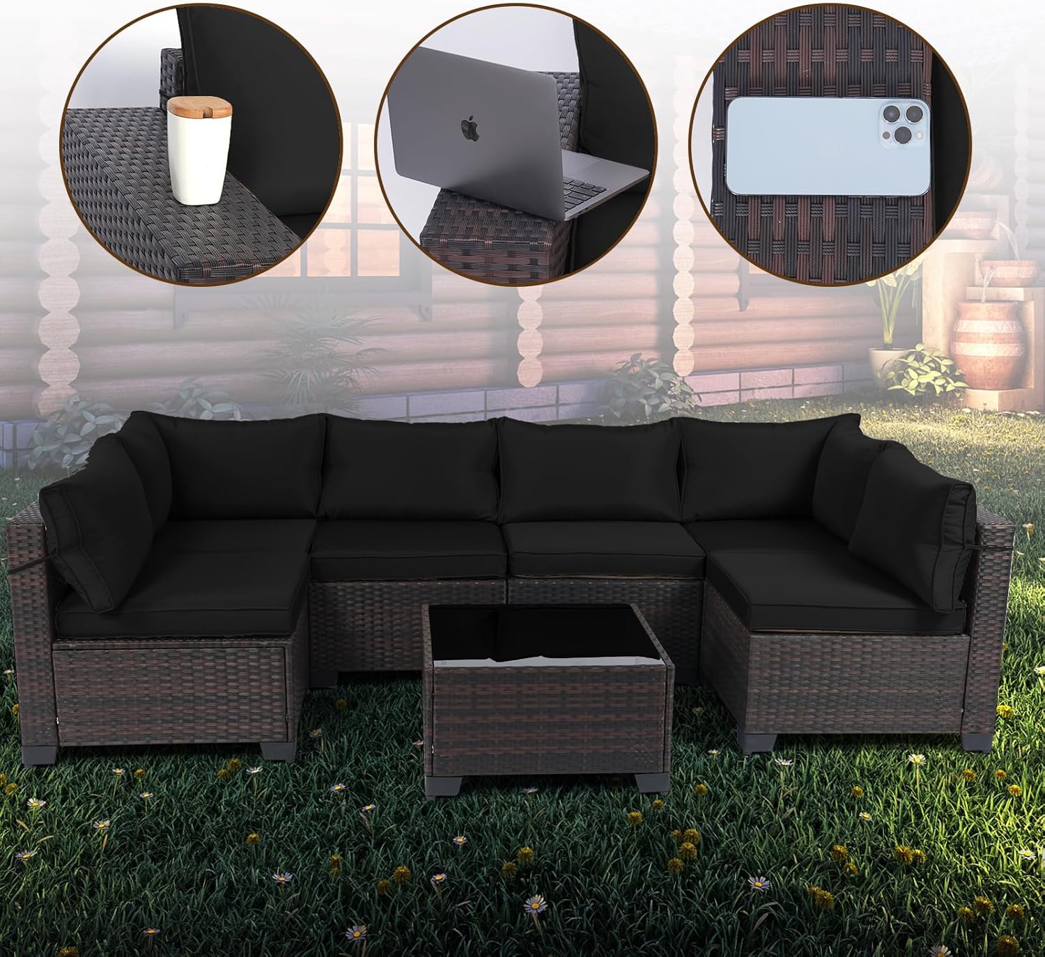 7 Pieces Rattan Patio Furniture Set with Tea Table